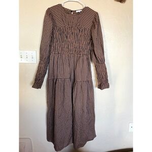 TOPSHOP Gingham Smocked Tiered Midi Dress Long Sleeve Brown Navy Womens US 8